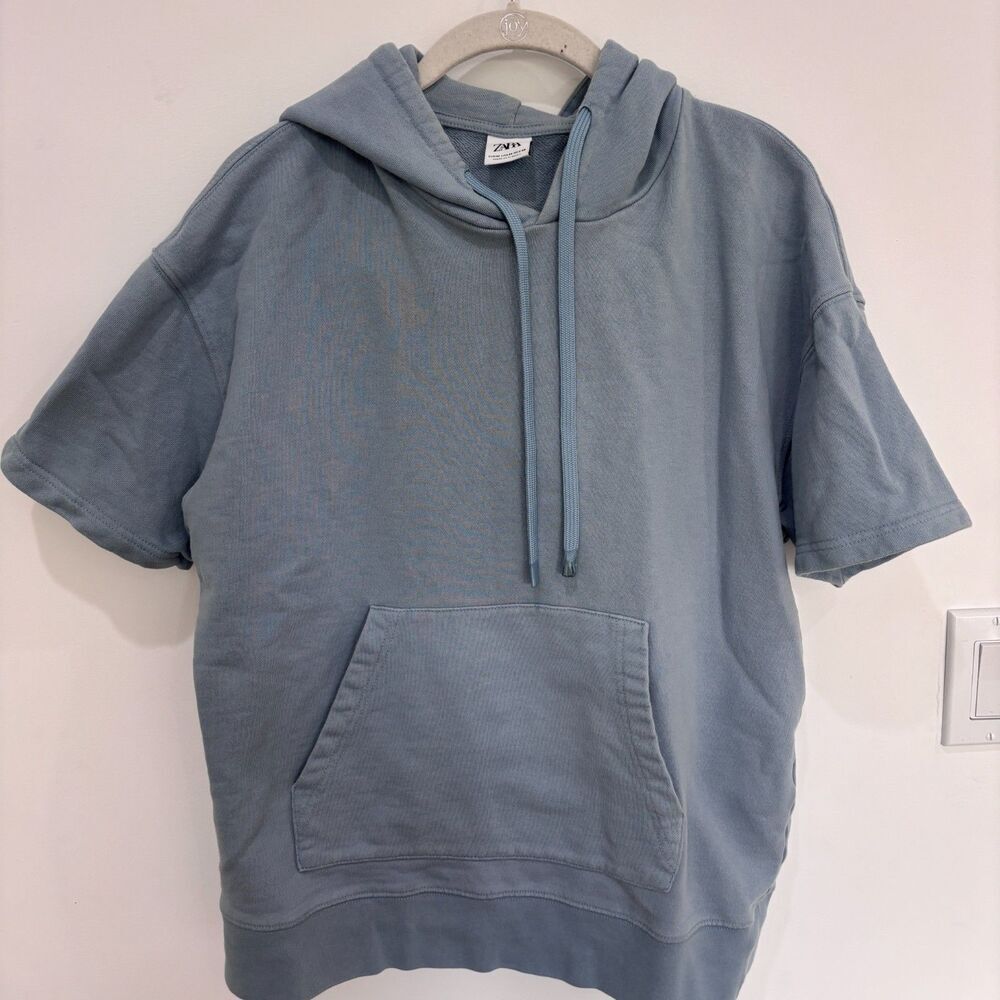 Zara Blue Short Sleeve Hooded Sweatshirt Kangaroo Pocket Medium